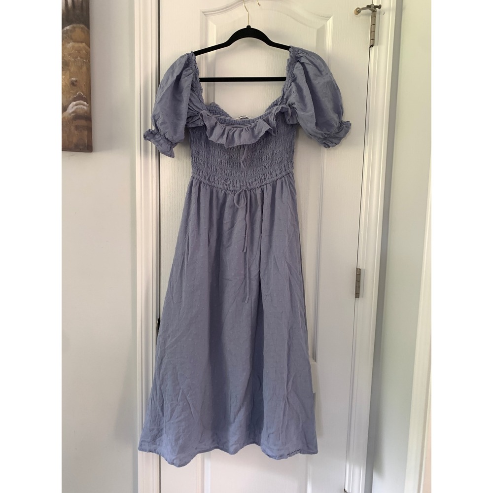 R.YIPOSHA Blue‎ Swiss Dot Smocked Puff Sleeve Cottagecore Midi Dress Size S 4/6